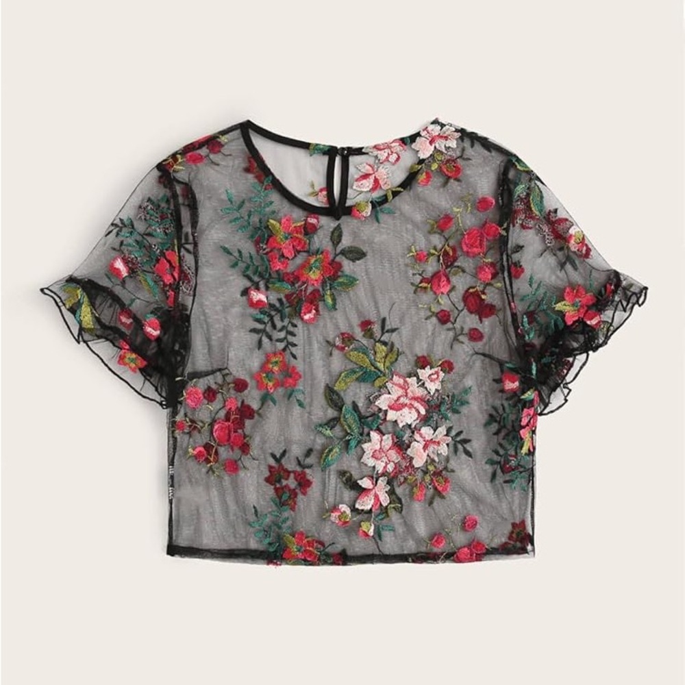 Chic Black Floral Embroidered Blouse